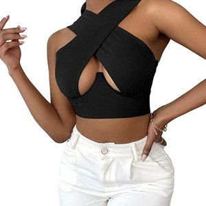 SheIn Women's Crisscross Cut Out Vest Halter Wrap Crop Top Solid Cami Tank Tops